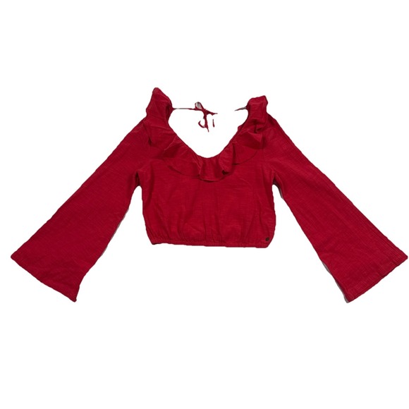 Roxy Tops - Roxy Women XS Gauze Boho Beach Paradise Is You Ruffle Trim Bell Sleeve Crop Top‎